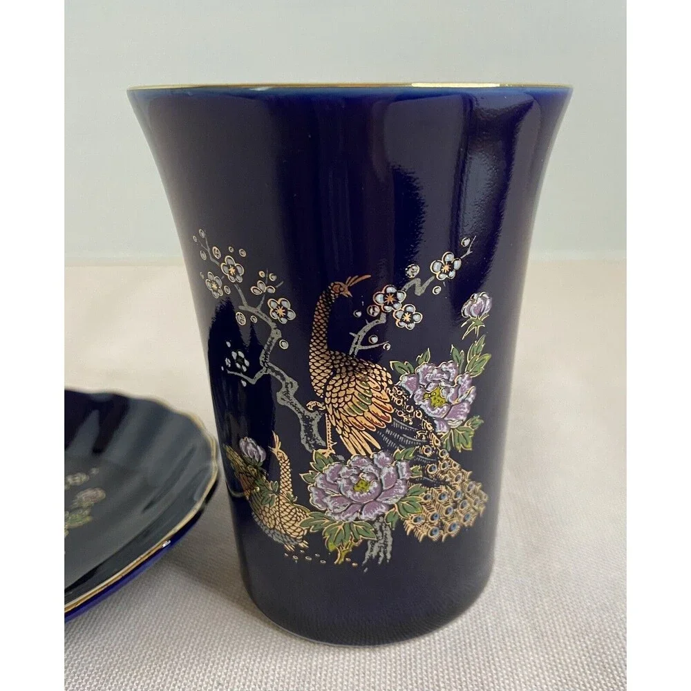 Vintage Japanese Blue Floral Ceramic Bathroom Set Cup and Soap Dish